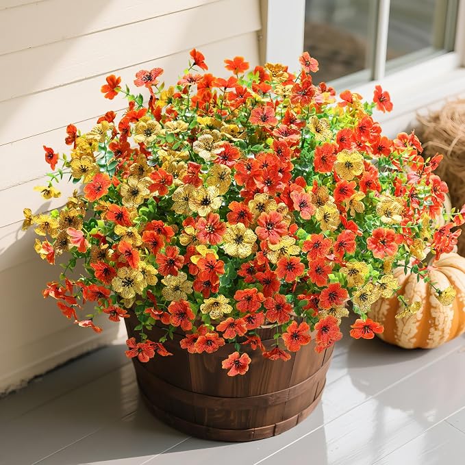 florisso Artificial Fall Flowers Fake Mums for Outdoor Autumn Decoration | 12 Bundles Faux Silk Orange Yellow Mums Daisy Look Real UV Resistant for Outside Home Porch Patio Planter