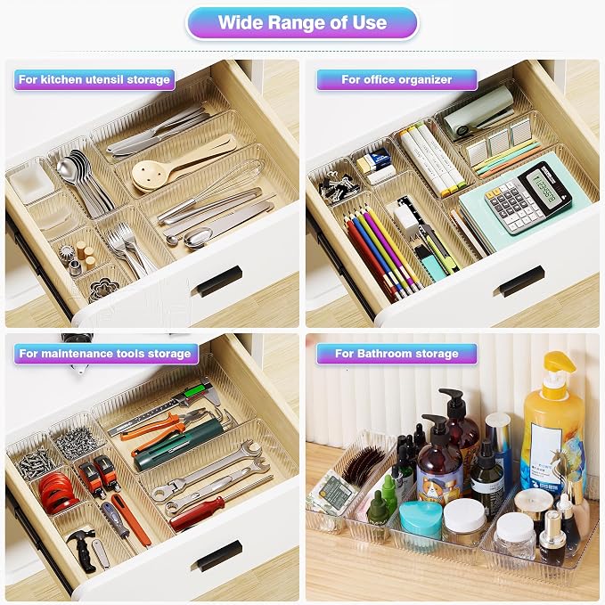25 PCS Clear Plastic Drawer Organizer Set - 4 Sizes Makeup Organizer Desk Drawer Divider Bathroom Organizers and Storage Bins for Makeup, Jewelry, Gadgets, Office, Kitchen, Bedroom, Bathroom