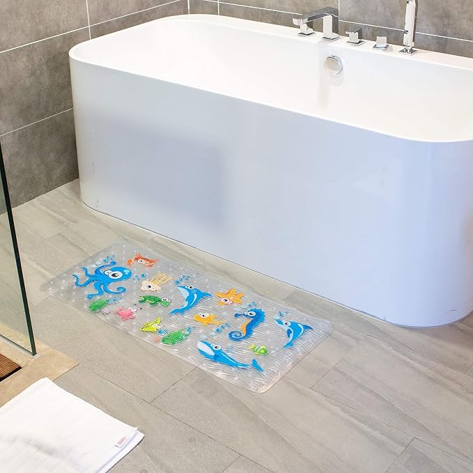 Bath Mats for Tub Kids,Baby Toddler - Large Cartoon Non-Slip Bathroom Bathtub Anti-Slip Shower Mats for Floor 35x15,Machine Washable XL Size Bathroom Mats (Blue-Octopus)
