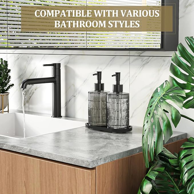 MASADI Soap Dispenser Set with Bamboo Tray, Dish and Hand Soap Lotion Dispenser Set with Wooden Pump for Kitchen and Bathroom Decor for Counter, Modern Vintage Liquid Soap Dispensers (Grey&Black)