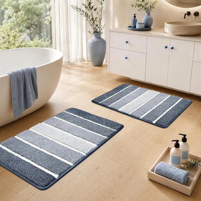 COSY HOMEER Bathroom Rugs 30x20, Ultra Soft Absorbent Bath Mat | Non-Slip TPR Backing Stays in Place, Machine Washable Bath Rug Shaggy Rug for Bathroom Floor, Dark Blue & White