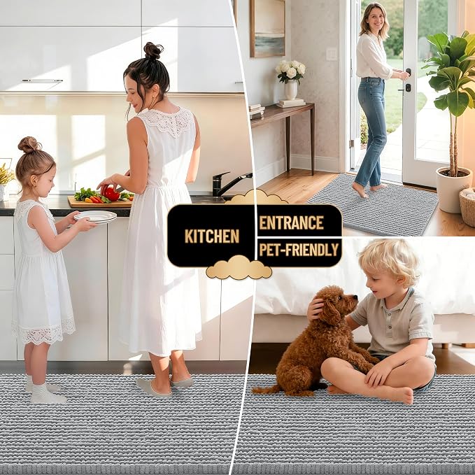 OLANLY Thick Chenille Bathroom Runner Rugs Mats 47x20, Light Grey | Soft Absorbent Bath Rugs, Rubber Backing, Machine Wash Dry, Bath Mats for Bathroom, Tub and Shower, Home Decor Accessories