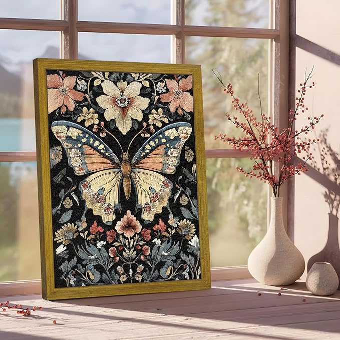 Hand Drawn Sandstone Nature Floral Wall Art, Framed Vintage 3D Textured Butterfly Wall Decor, Gothic Style Flower Insect Print Painting for Living Room Bedroom Home Decor 16x24 inch