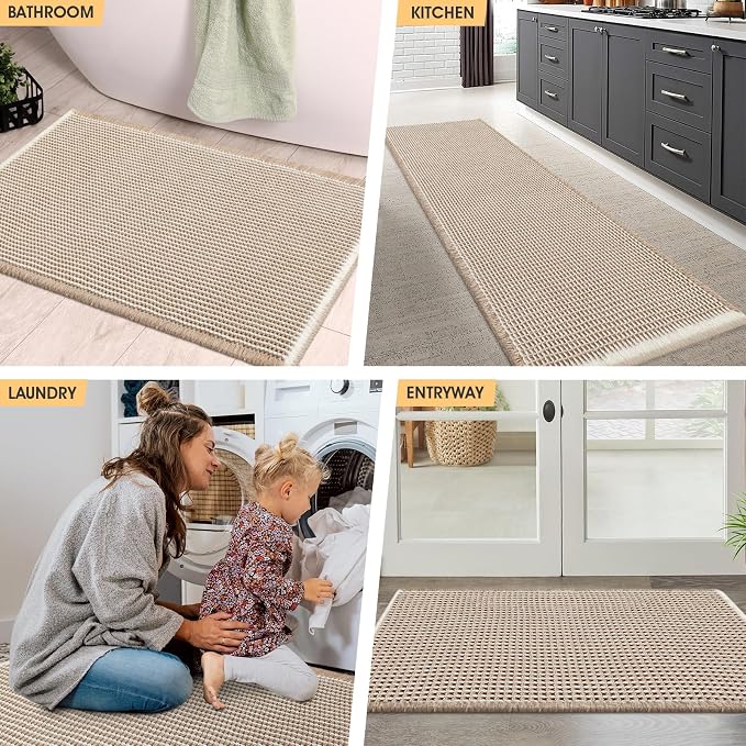 Waffle Bath Mat Set 2 Piece Brown & Cream,Woven Modern Bath Rug Mats, Absorbent Non Slip Bath Floor Mat, Soft Washable Boho Bath Rugs with Tassels for Bathroom, Bedroom, Kitchen, Tub