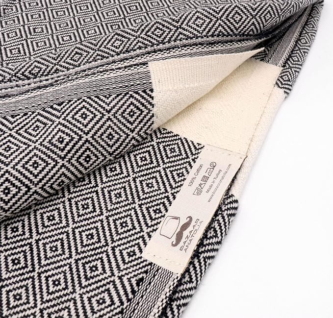 Turkish Beach Towel, 100% Cotton, 71x39 in, Diamond Black