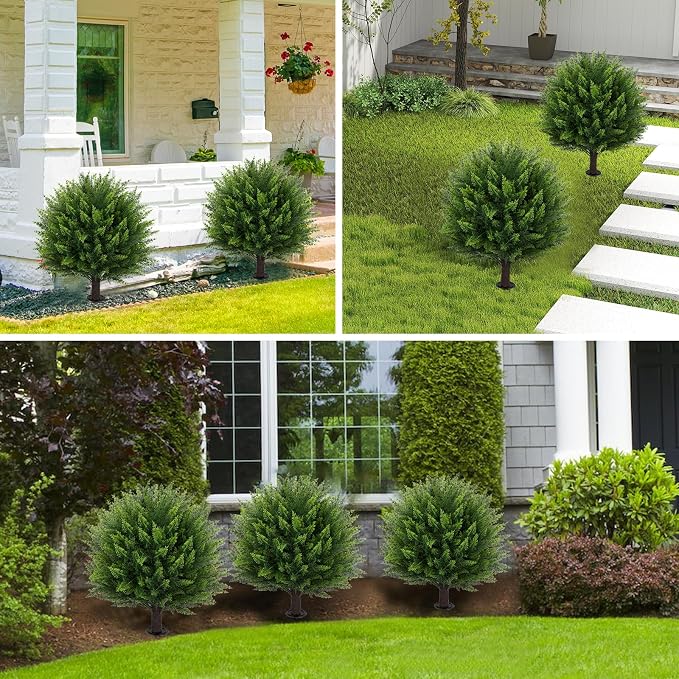 Artificial Cedar Topiary Ball Tree 23" with Ground Spike, Set of 2 Artificial Boxwood Bushes for Faux Shrubs, Fake Evergreen Faux Plant for Indoor Outdoor Porch Garden- UV Resistant – Fade-Proof