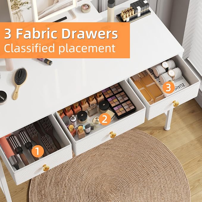 Small Makeup Vanity Desk 40''W with Mirror and Lights, 3 Drawers | USB Lighted Mirror, Height-Adjustable Stand, Fabric Drawers, Girls/Kids Gifts, Bedroom, Small Space, Dorm, White