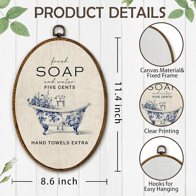 Yjeslw Vintage Chinoiserie Bathroom Oval Wall Art Decor, Farmhouse Canvas Prints Framed, Blue and White Grandmillennial Floral Bathtub Wall Hanging Decor Sculptures for Bathroom Washroom, 8.6x11.4 Inches