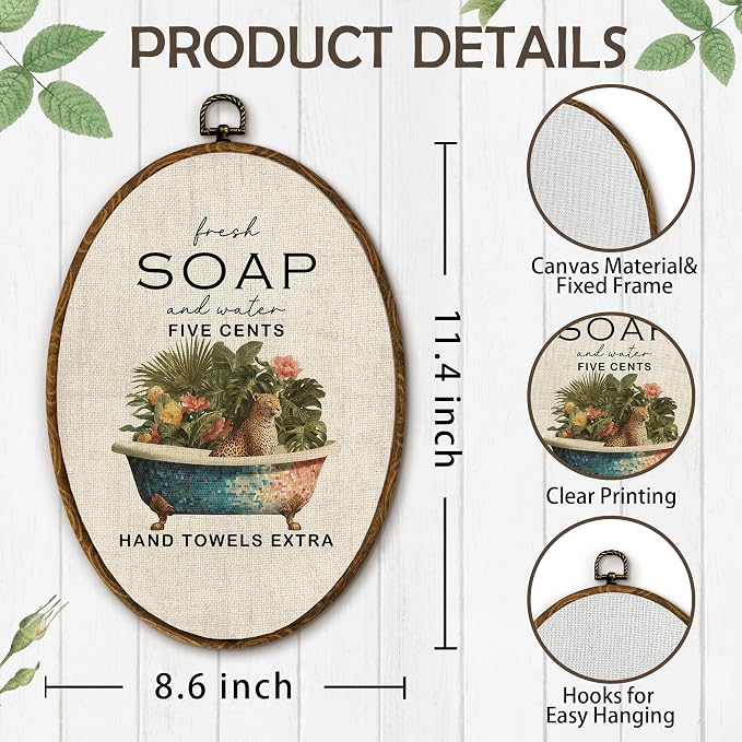 Yjeslw Vintage Leopard Bathroom Oval Wall Art Decor, Rustic Farmhouse Canvas Prints Framed, Cottagecore Neutral Green Tropical Bathtub Wall Hanging Decor for Bathroom Decor, 8.6x11.4 In