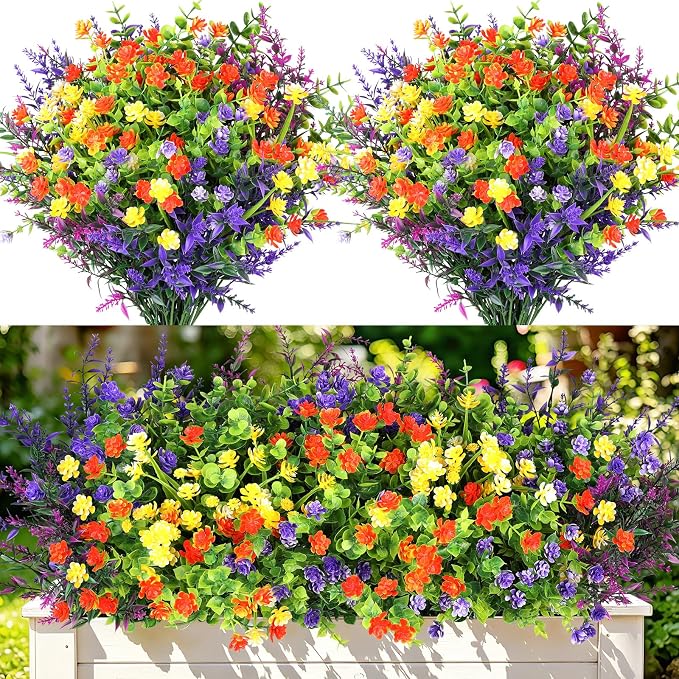 UV Resistant Artificial Flowers for Outdoors, 12PCS Mix | Silk & Plastic, for Hanging Baskets, Window Boxes & Planters, Porch, Yard, Garden, Spring Summer Outdoor Home Decorations