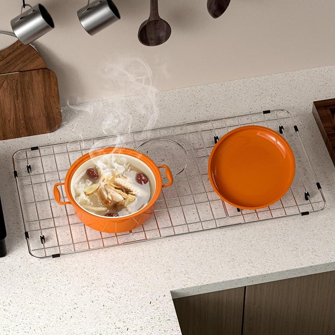 Sink Protector for Kitchen Sink,27.2 X 13.3 inch Sink Rack,Metal Sink Grate with Strainer,Stainless Steel Sink Grid for Bottom of Sink with Rear Drain Hole Dia 5",Corner Radius 1"