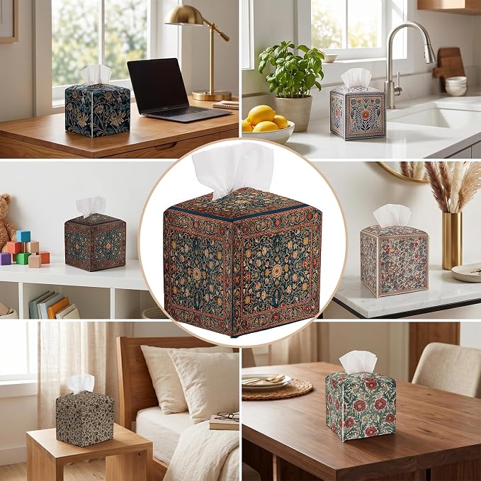 Tissue Box Cover Holder Square - Vintage Boho PU Leather Decorative Organizer, Ethnic Carpet Pattern Design Inspired, with Bottom Belt for Bathroom Car Office Tabletop Home, 5x5 Inch (Blue&Red)