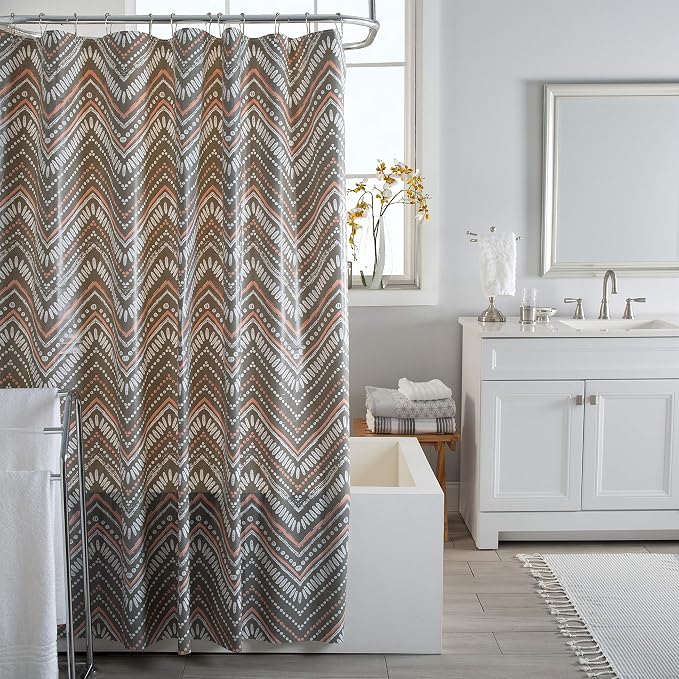 Bath Bliss 70” x 72” PEVA Shower Curtain | 12 Rust Proof Metal Grommets | Reinforced Header | Waterproof | Dotted Chevron Design | Grey and Pink