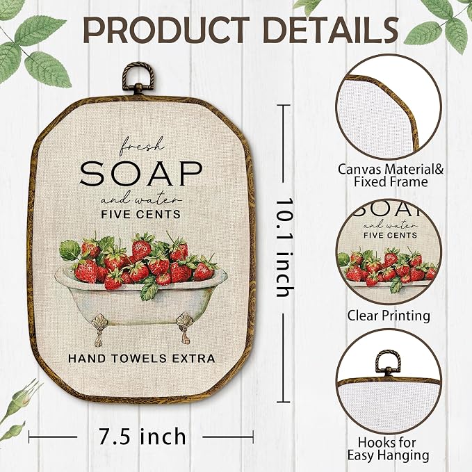 Yjeslw Vintage Strawberry Bathroom Octagon Wall Art Decor, Rustic Farmhouse Framed Canvas Prints, Cottagecore Neutral Flower Bathtub Wall Hanging Decorations for Bathroom Washroom Decor, 10.2x7 In