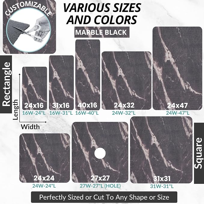 Enkosi Loofah Shower Mat Non Slip – Square Anti Slip Bath Mat for Inside Showers, Bathtub, Tub, Bathroom - Cushioned, Quick Dry PVC with Drain Holes - Secure Grip Safety Pad (Marble Black 24x24)