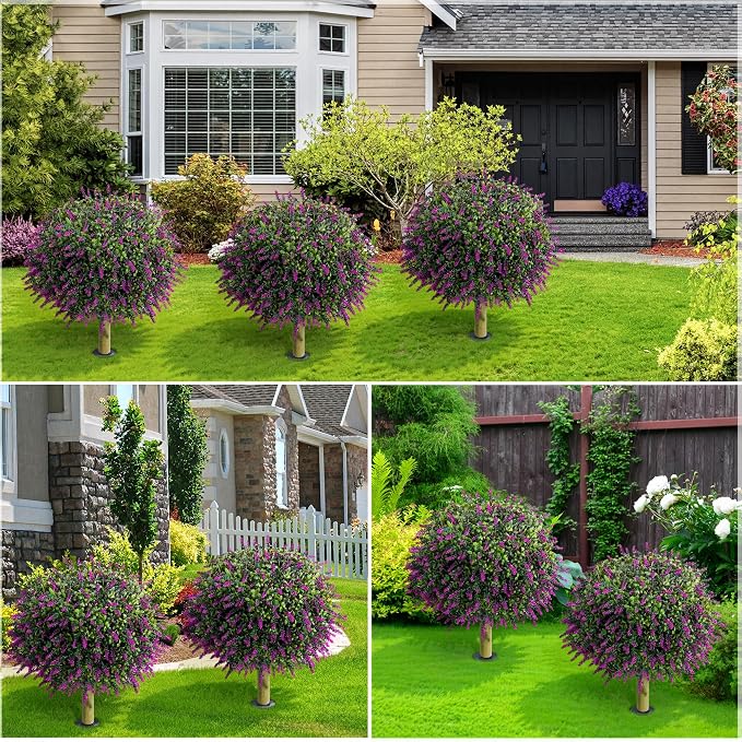 26'' Artificial Topiary Ball Trees with Lavender 2 Pack (Fuchsia) | Fake Plants for Outdoor Indoor Artificial Shrubs with Ground Spike UV Resistant Fake Bushes for Front Porch Garden