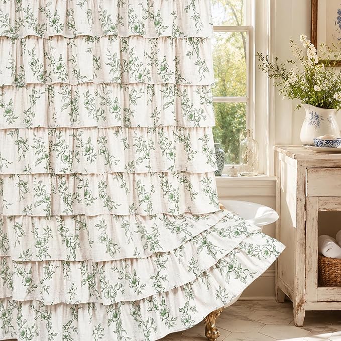 Yinhua Long Farmhouse Ruffle Shower Curtains with Green Floral, 72" Wx78 L | French Country Vintage Rustic Washable Waterproof Shower Curtain for Bathroom Bathtub, 12 Metal Hooks