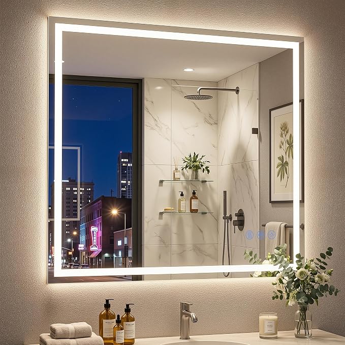 LED Bathroom Mirror 36"x36", Wall-Mounted Vanity Mirrors Front & Backlit Separate Light Control Stepless Dimmable Anti-Fog Memory 3 Color Temperatures Shatter-Proof Tempered Glass