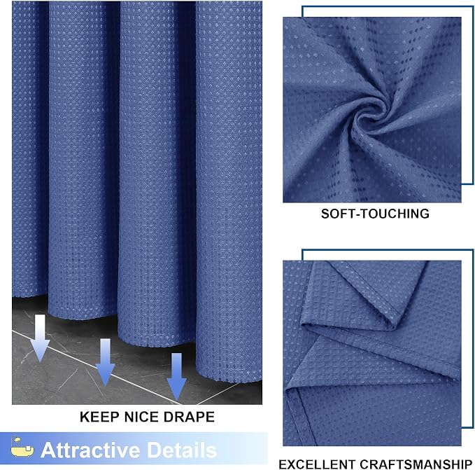 Blue Shower Curtain Set, Waffle Textured Heavy Duty Fabric Shower Curtain for Bathroom, Luxury Hotel Weighted 230GSM Bath Curtain with 12 Plastic Hooks, Machine Washable, 72x72