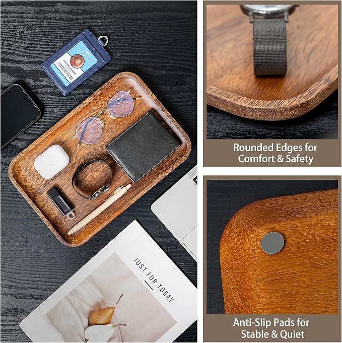Serving Acacia Wood Valet Tray for Men Women, Catch All Acacia Mens Key Dump Bedside Nightstand Organizer EDC Decorative Wooden Tray for Phone Watch Wallet Keys Jewelry