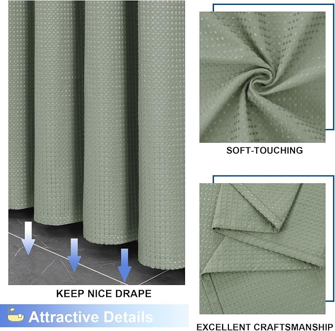 Extra Long Shower Curtain Set - 84 Inch Long Waffle Weave Heavy Duty Cloth Shower Curtain for Bathroom, Luxury Weighted 230GSM Bath Curtain Set with 12 Plastic Hooks, 72x84, Sage Green