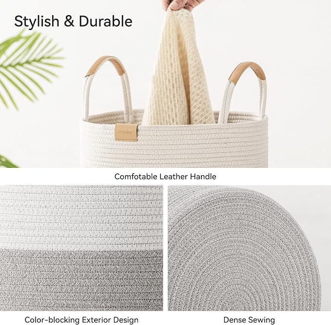 Nunsino 95L Striped Laundry Hamper with Leather Handles,Large Foldable Laundry Basket for Clothes,Cotton Rope Storage Bin for Blankets,Woven Clothes Basket for Bedroom,Gray Stripes