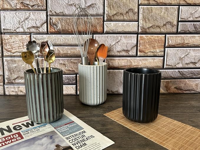 Stoneware Toothbrush Holder for Bathroom Tooth Brush Holder for Bathroom Toothbrush Cup Toothbrush Holders Cute Fluted Vertical Ribbed Stripe (Concrete Grey)