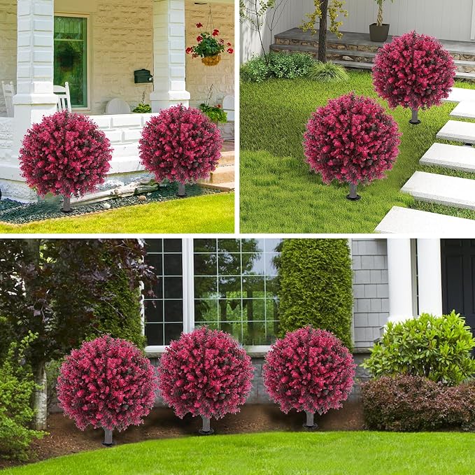 Artificial Red Eucalyptus Topiary Ball Tree 24" with Ground Spike, Set of 2 Artificial Boxwood Bushes for Faux Shrubs, Fake Evergreen Faux Plant for Indoor Outdoor Garden -UV Resistant–Fade-Proof
