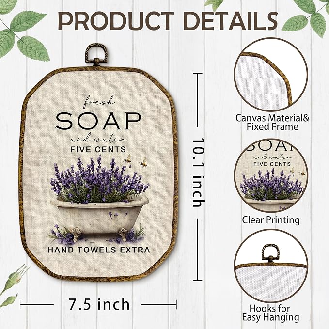 Yjeslw Vintage Lavender Bathroom Octagon Wall Art Decor, Rustic Farmhouse Framed Canvas Prints, Cottagecore Neutral Flower Bathtub Wall Hanging Decorations for Bathroom Washroom Decor, 10.2x7 In