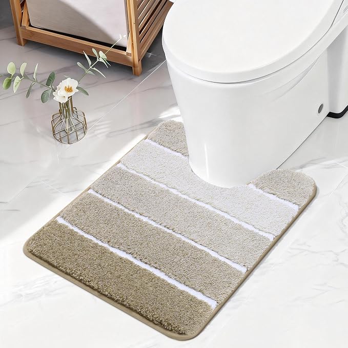 COSY HOMEER Toilet Rugs U-Shaped 24"x20", Ultra Soft Absorbent Bath Mat | Non-Slip TPR Backing, Machine Washable Shaggy Rug for Toilet,Beige & White