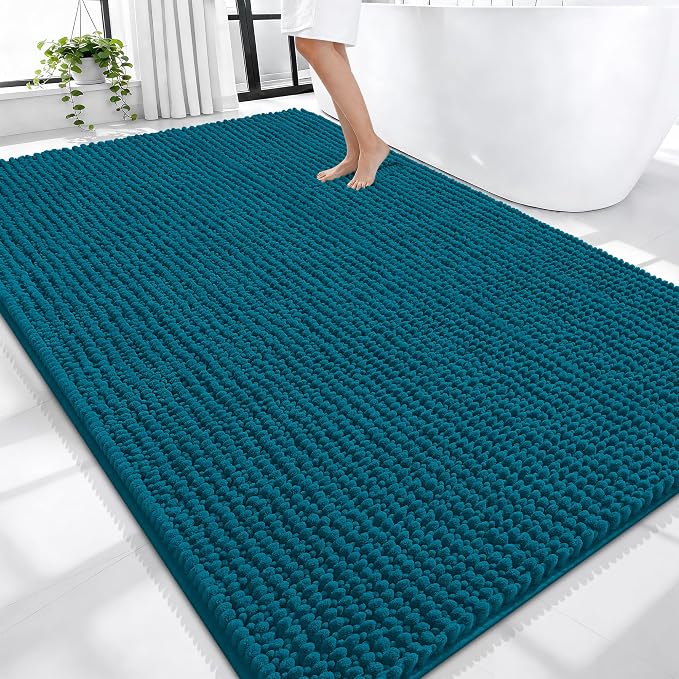OLANLY Thick Chenille Bathroom Runner Rugs Mats 47x17, Peacock Blue | Soft Absorbent Bath Rugs, Rubber Backing, Machine Wash Dry, Bath Mats for Bathroom, Tub and Shower, Home Decor Accessories