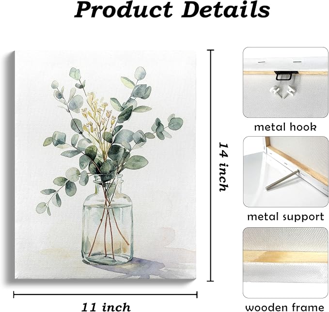QICLM Sage Green Eucalyptus Framed Wall Art Poster, Farmhouse Bathroom Wall Decor, Sage Green Eucalyptus Plant Wall Prints for Home Bathroom Living Room Bedroom, 11x14 Inch (Style 4)
