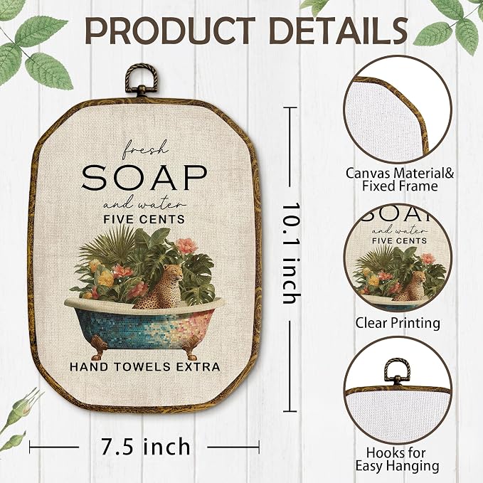Yjeslw Vintage Leopard Bathroom Octagon Wall Art Decor, Rustic Farmhouse Framed Canvas Prints, Cottagecore Neutral Green Tropical Bathtub Wall Hanging Decorations for Bathroom Decor, 10.2x7 In