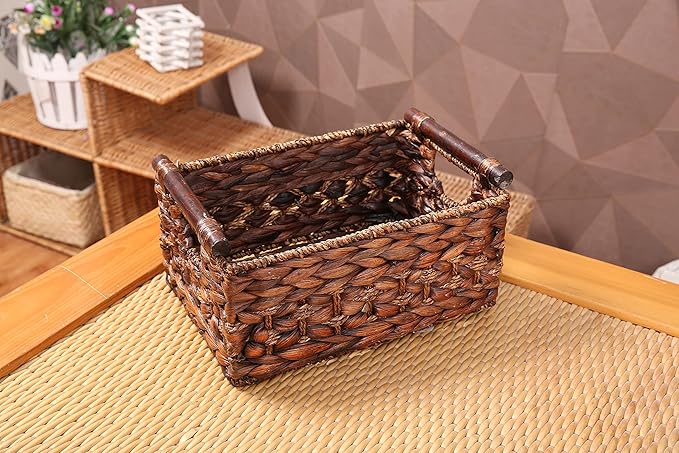 Water Hyacinth Wicker Storage Basket with Wood Handles, Medium | Rectangular dark brown woven rattan basket, for shelves, kitchen countertops, closet, holds magazines, toilet paper