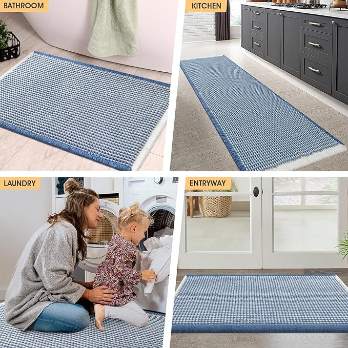 Waffle Bath Mat Blue & Cream 36"x24", Boho Woven Modern Bath Mat Rugs, Absorbent Non Slip Bathroom Rugs, Soft Washable Bath Rugs with Tassels for Bathroom, Bedroom, Kitchen, Shower, Tub