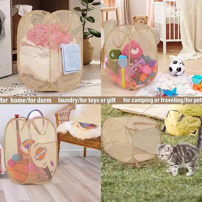 BATTOO Deluxe Strong Mesh Pop up Laundry Hamper Basket with Side Pocket for Laundry Room, Bathroom, Kids Room, College Dorm or Travel Beige