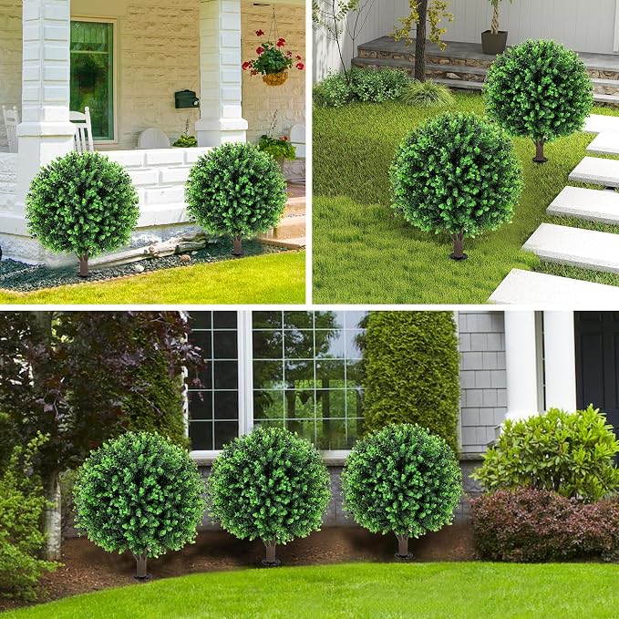 Artificial Green Eucalyptus Topiary Ball Tree 24" with Ground Spike, Set of 2 Artificial Boxwood Bushes for Faux Shrubs, Fake Evergreen Faux Plant for Indoor Outdoor Garden -UV Resistant–Fade-Proof
