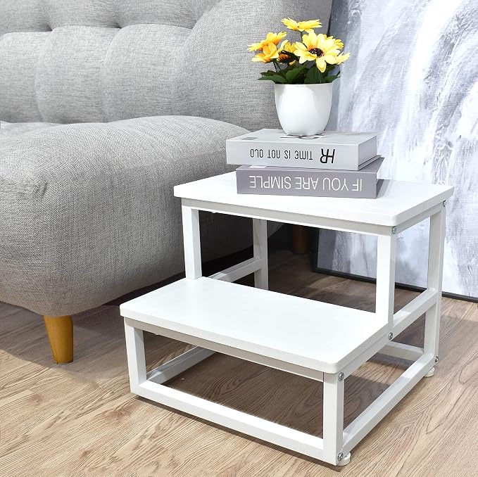SZLHANJZ Step Stool, Wood & Metal Step Stools for Adults Kids, 500 LB Load | 2 Steps for Adults Kids, Steps for High Beds with Round Corners, Small Stepping Stool for Bedroom Kitchen, White