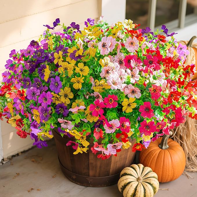 florisso Artificial Flowers for Outdoors Daisy 12 Bundles for Home Decor | Faux Flower Fake Plants Outside Decoration with Eucalyptus UV Resistant for Planter Porch Patio Yard Garden Colorful