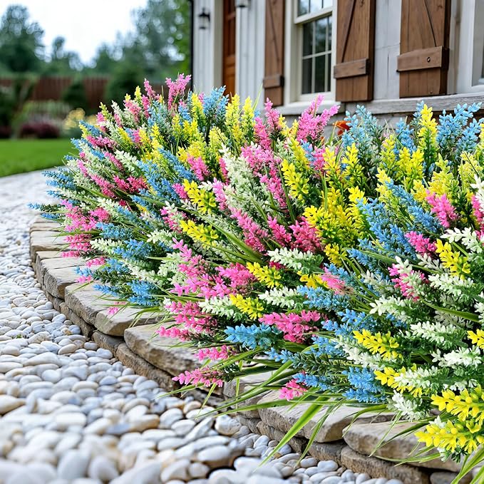 Geegoods 24 Bundles Artificial Lavender Flowers Outdoor, Mix 4 Colors | UV Resistant Faux Plants in Light Blue, White, Pink, Yellow, Realistic Fake Outdoor Flowers for Garden Porch Window Box Decor