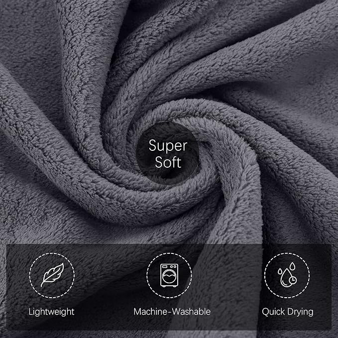 TENSTARS Luxury Silk Hemming Towel Set - Light Thin Quick Drying - 2 Bath Towels 2 Hand Towels 2 Washcloths - Ultra Soft Microfiber, for Bath Fitness, Sports, Yoga, Travel (Dark Grey 6 Pieces)