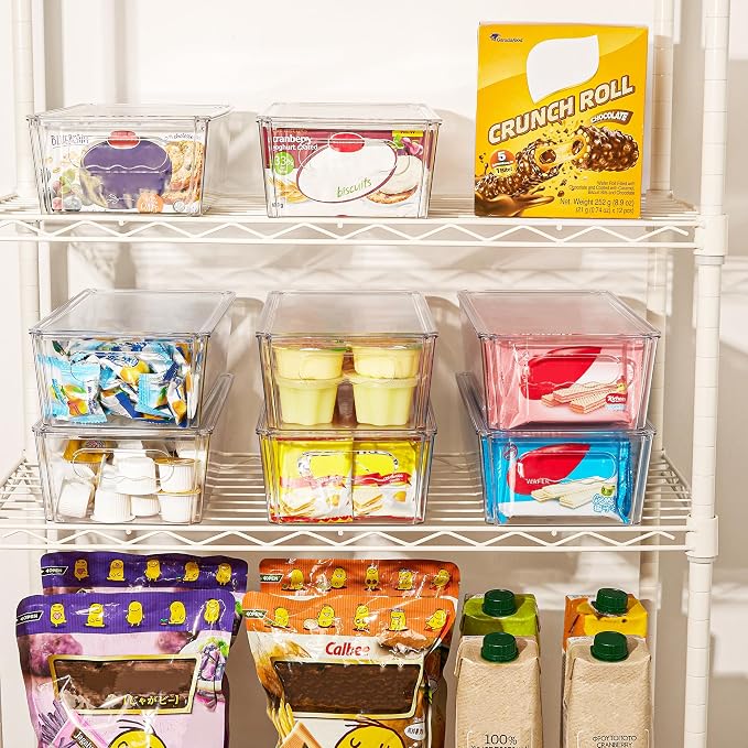 Vtopmart 12pcs Clear Stackable Storage Bins with Lids | BPA-free food-grade PET, Stackable with Lids Included, Easy to Move, For Fridge Freezer Pantry Cabinet Kitchen Organization