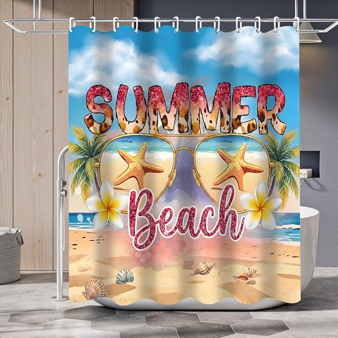 LQCOOL Beach Scene Shower Curtain Set 4Pcs Summery Bathroom Sets with Rugs Waterproof Shower Curtain with 12 Hooks for Bathroom Decor | Waterproof Polyester & Soft Flannel.12 Hooks,Toilet Lid Cover & U-Shaped Mat with Beach Scene for Bathroom