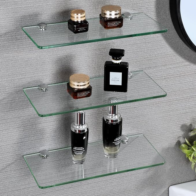 SAYAYO Glass Floating Shelves for Wall, Tempered Glass Shelves for Bathroom | Living Room, Bedroom, Office, Toilet, Kitchen Decor, 12 Inch Set of 3, Clear