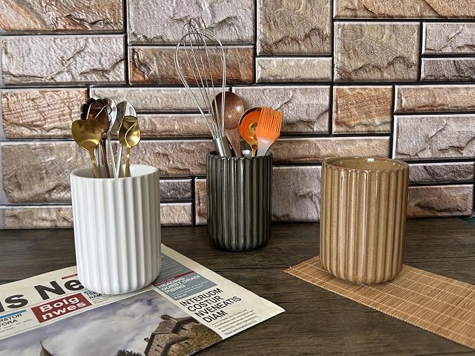 Stoneware Toothbrush Holder for Bathroom Tooth Brush Holder for Bathroom Toothbrush Cup Toothbrush Holders Cute Fluted Vertical Ribbed Stripe (Matte White)