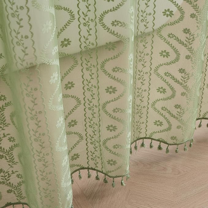 WAZZIO Sage Green Lace Shower Curtain - Vintage Pretty Floral Sheer Shower Curtains, Elegant Decorative Tassel Bath Curtains for Bathroom, 72 x 80 Inch, 1 Piece