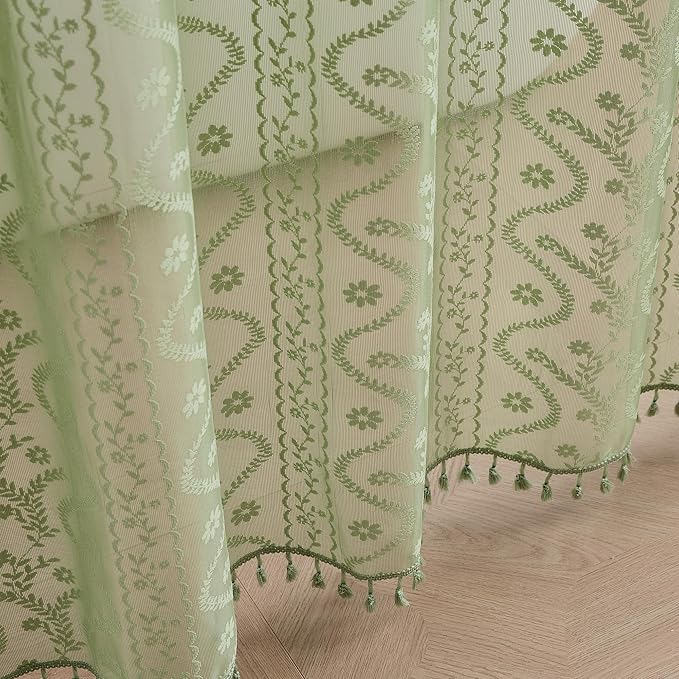 WAZZIO Sage Green Lace Shower Curtain - Vintage Pretty Floral Sheer Shower Curtains, Elegant Decorative Tassel Bath Curtains for Bathroom, 72 x 90 Inch, 1 Piece