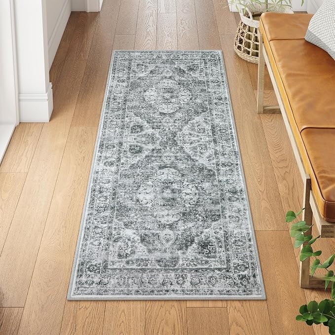Uphome Bathroom Runner, Distressed Tribal Farmhouse Gray Bathroom Mat, Large Bath Rugs Non Slip Washable, Oriental Retro Boho Bath Mat Runner for Bathtub Sink Laundry, 24x59 inch
