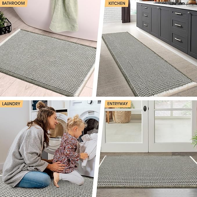 Waffle Bath Mat Set 3 Piece Green & Cream,Woven Modern Bath Rug Mats, Absorbent Non Slip Bath Floor Mat, Soft Washable Boho Bath Rugs with Tassels for Bathroom, Bedroom, Kitchen, Tub