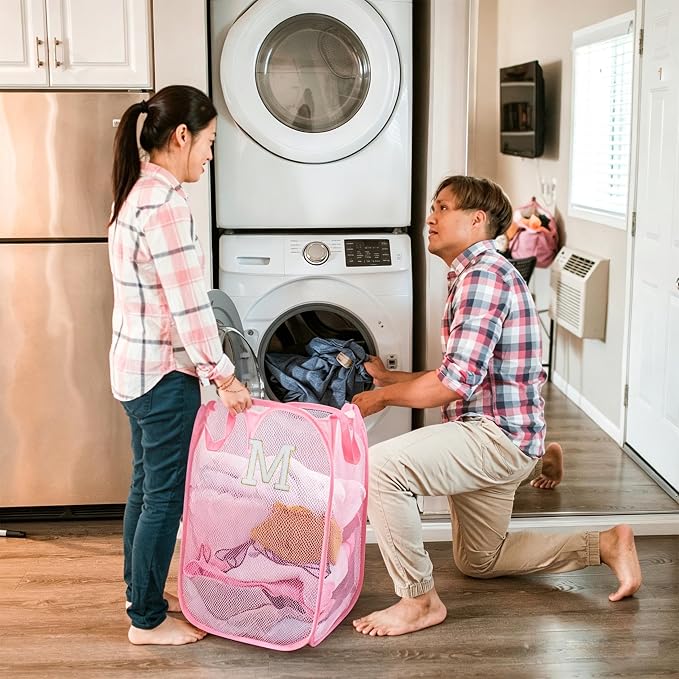 Collapsible Pop Up Laundry Hamper, Extra Large with Removable Initial Letter M, Mesh Foldable Laundry Basket, 28" x 16" x 16" (Pink)